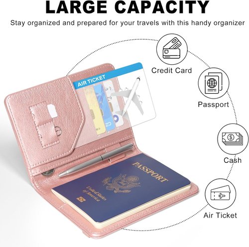 ACdream RFID Blocking Passport Holder - Premium PU Leather Travel Wallet with Card & Pen Holder - Rose Gold
