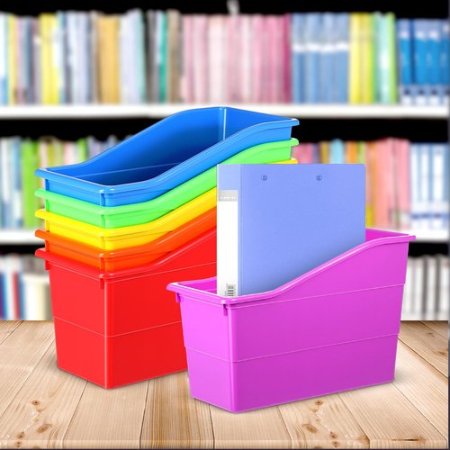 Blosssound 12 Pack Colorful Plastic Classroom Storage Bins with Label Stickers 6 Classroom Book Bins 6 A4 Paper Plastic Trays Stackable Organizer Set for Back to School Library Home Office Supplies