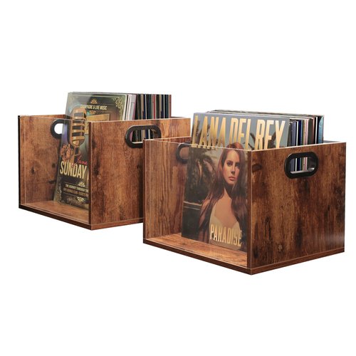 Vinyl Record Storage Crate 2 Pack, Holds up To 60 LPs, Album Visible Storage Box with Acrylic Front, Handle, Wooden Multi-Purpose Organizer for Records, Magazines and Books, Desktop and Home Office
