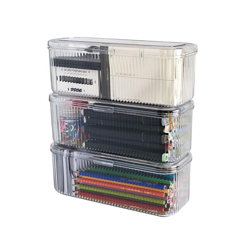 NINEWEEN 3 Pack Clear Pen Organizer for Desk Drawer, Plastic Home Office Supplies Storage Container for Marker, Crayons, Brushes, Mini Toys, Art Crafts, Pencil Case with Lid