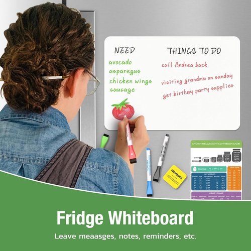 HOMiDEK Magnetic Dry Erase Board: Large Fridge Whiteboard, Flexible Refrigerator Magnet White Board, Blank Writing Note Sheet with Kitchen Conversion Chart Magnet, 4 Markers & Eraser - 23 x 15