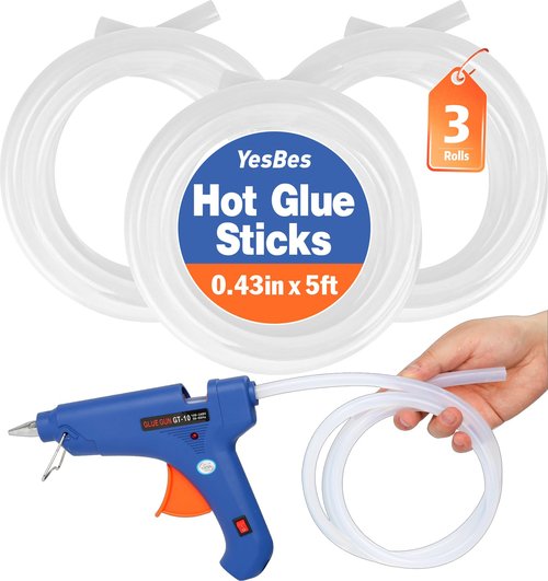3 Pack Hot Glue Sticks Rolls, Full Size 5 FT Long x 0.43" Diameter Glue Sticks for Glue Gun, Widely Used in Wood, Metal, Glass, Plastic, Floral, Fabric, and More