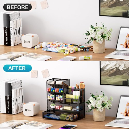 Marbrasse 360-Degree Rotating Pen Holder - Stylish Mesh Design with Convenient Drawer