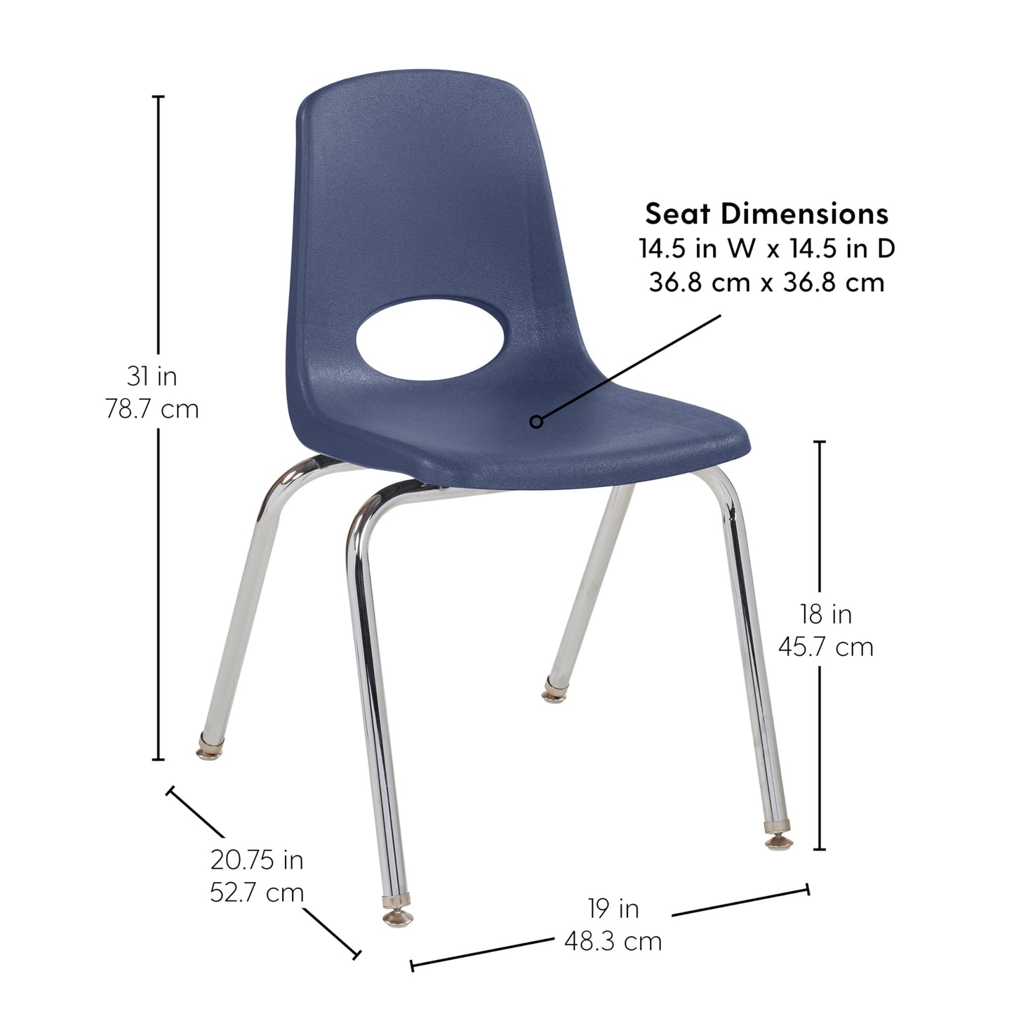 FDP 18" School Stack Chair,Stacking Student Seat with Chromed Steel Legs and Nylon Swivel Glides For In-Home Learning, Classroom or Office - Navy (4-Pack), 10384-NV
