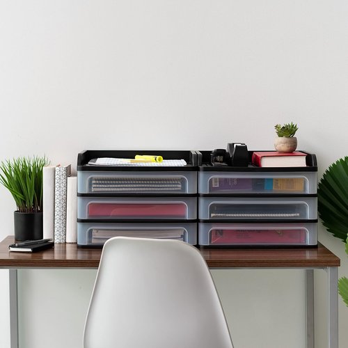 IRIS USA Plastic Desk Top 3-Drawer Storage Organizer with Paper Tray Top, 1-Pack, for Makeup Vanity Nail Polish Bathroom Stationery Art Craft Supplies Kitchen Office Garage Organization, Medium, Black