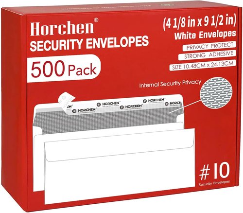 Horchen 500 Count #10 Security Envelopes - Peel & Seal Windowless Design for Checks & Invoices - 4 1/8 x 9 1/2 Inch - White