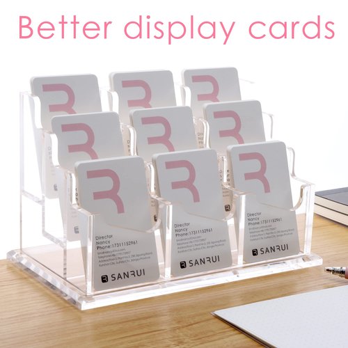 SANRUI Vertical Business Card Holder for Desk，Clear Acrylic Business Card Display Stand，9 Slots 3 Tier ，Holds 450 Cards