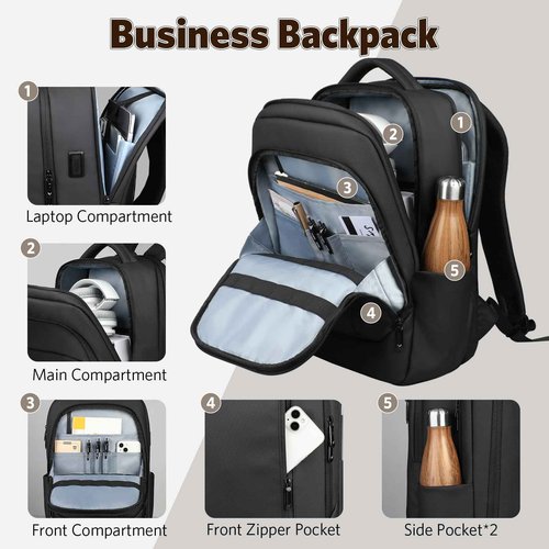 HEROIC KNIGHT Travel Laptop Backpack, Anti Theft Business Laptops Backpack with USB Charging Port, Water Resistant College Computer Bag Rucksack Gift for Men Women Work Fits 17 Inch Notebook-Black
