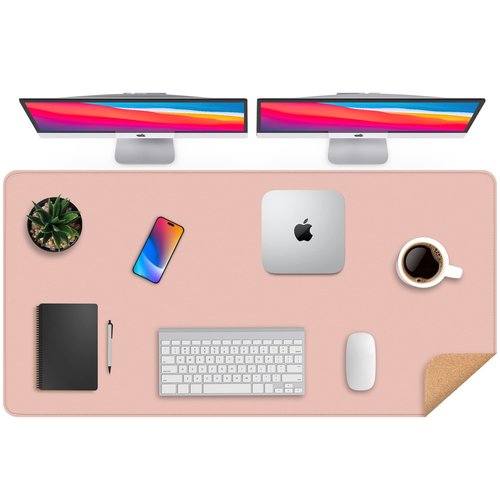 Leather Desk pad Protector, Large Desk mat with Natural Cork & PU Leather,Mouse pad,Non-Slip Office Desk Mat,Waterproof Desk Writing Pad for Office and Home (47in*23.7in, Pink)