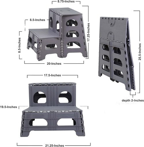 Bee Neat Folding 2-Step Stool - Collapsible Non-Slip Ladder for Kitchen & Bathroom - Supports 200lbs - Gray