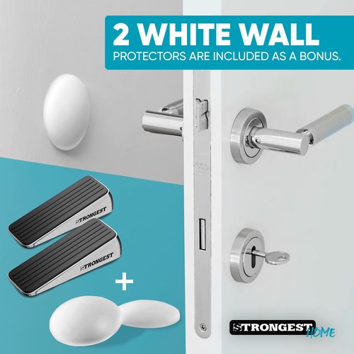 Strongest Home Door Stopper, Heavy Duty Door Stop Wedge Made of Premium Quality Zinc and Rubber Suits Any Door, Any Floor, Set of 2 Plus Self-Adhesive Wall Protectors