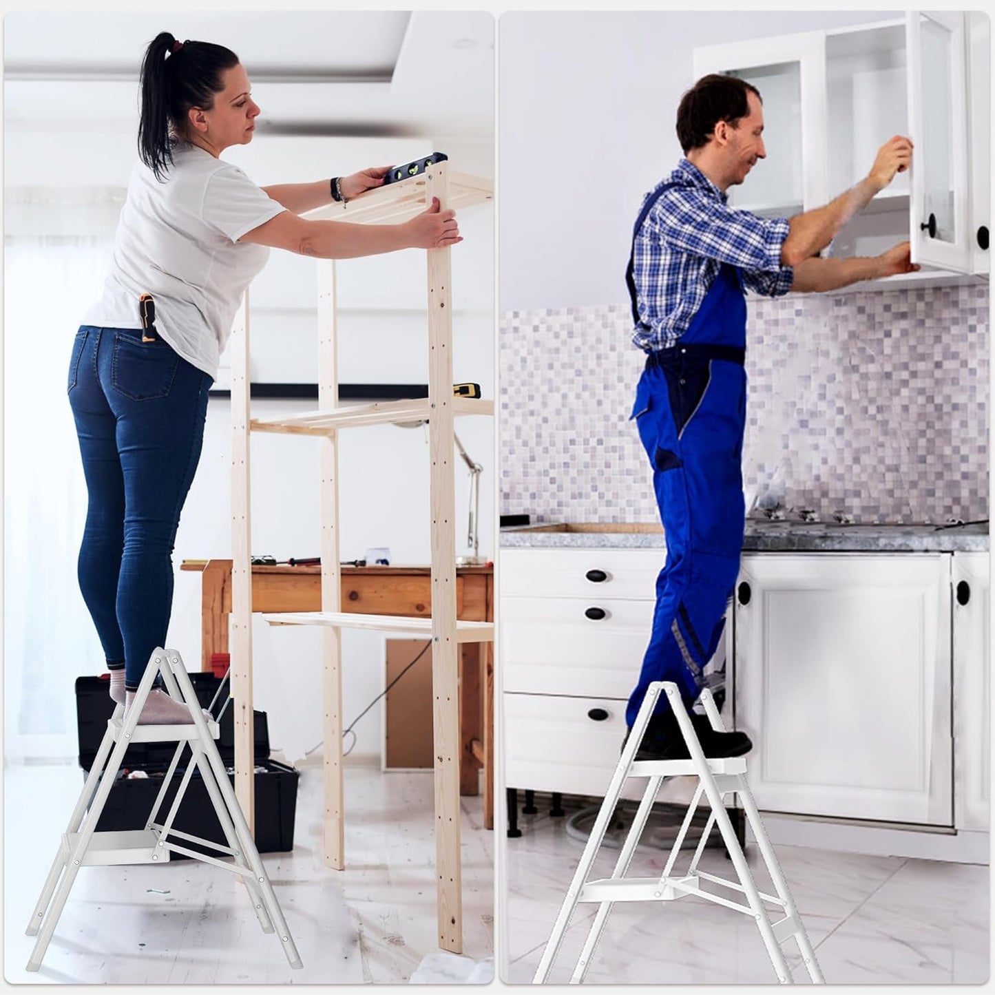 DIAMONDFORGE 2 Step Ladder, Folding Step Stool with Anti‑Slip Wide Pedal & Soft Grip Handle, Sturdy Steel Ladder with 330 lbs Capacity, Non‑Slip Feet for Home, Kitchen & Office, White