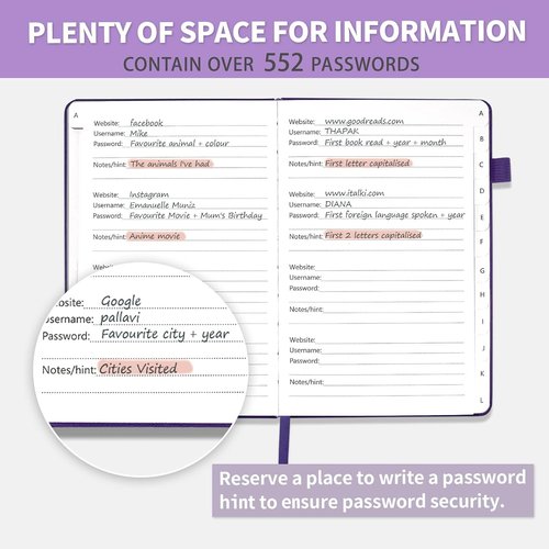 Password Book - Hardcover Password Keeper with Alphabetical Tabs | 5.3'' x 7.7'' - Purple