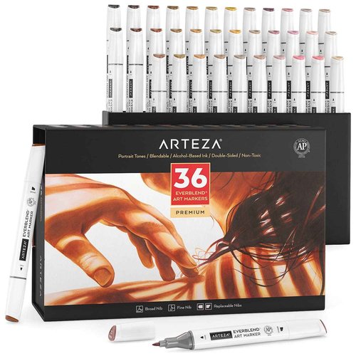 ARTEZA Alcohol Markers – Set of 36 Portrait & Skin Tone EverBlend Dual Tip Markers with Fine and Chisel Nibs and Organizer Box for Drawing