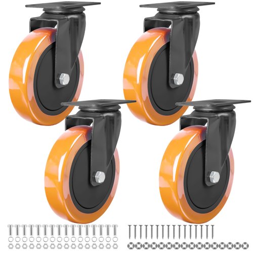 Finnhomy 5 Inch Caster Wheels Set of 4 Heavy Duty Plate Swivel Casters Polyurethane Wheels for Furniture/Workbench Premium PU Industrial Wheels 3,000 Lbs Anti-wear Smooth Casters Orange (Free Screws)