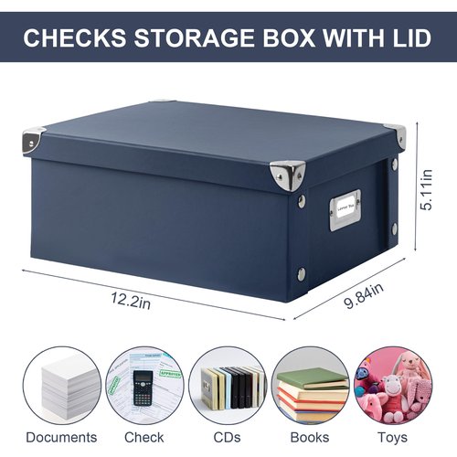 DLUGOPIS 2 Pcs Inch Checks Storage Box with Lid Document Boxes Document Bin Banker Boxes Foldable Receipt Box Storage Navy Blue Cardboard Record Boxes For Business Pesonal Books Files 12"x10"x5"