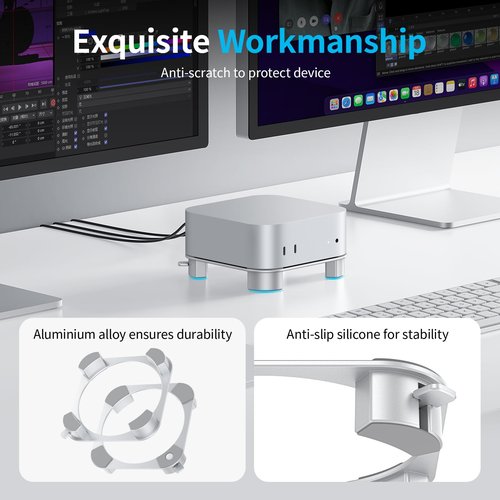 OMOTON Aluminum Stand for Mac mini M4 and M4 Pro, Cooling Desktop Holder Mount, Convenient Access to Power Button, Durable and Sturdy Design, Silver