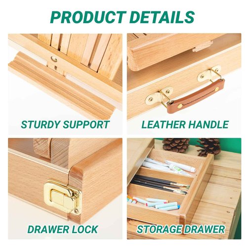 Falling in Art Studio Sketchbox Easel, Adjustable Beechwood Tabletop Easel Box for Painting, Portable Desktop Easel with Storage Drawer, Suitable for Beginners and Artists