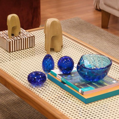 Ca D Oro Set of 3 Small Glass Paperweights Blue with Bubbles Hand Blown Murano-Style Art Glass - Models Flat/Ball/Egg