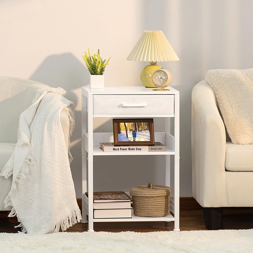 Lerliuo White Printer Stand with Fabric Drawer, 3 Tier Industrial Side Table, Modern Small Printer Desk Holder with Storage Shelf,Multi-Functional Bedside Tables for Home Office Fax Machine Scanner