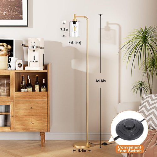 Ziisee Floor Lamps for Living Room - Industrial Standing Lamp with Glass Shade, Modern Gold Floor Lamp with LED Bulbs, Farmhouse Floor Lamp for Bedroom, Tall Lamp for Office - Gold