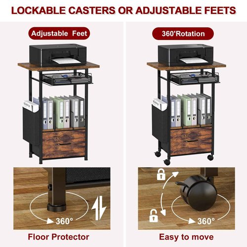 Mobile 3-Tier Printer Stand with 2-Drawer File Cabinet, 24 Extended Desktop & Lockable Wheels, Adjustable Rolling Cart for Home Office Storage (Rustic Brown)