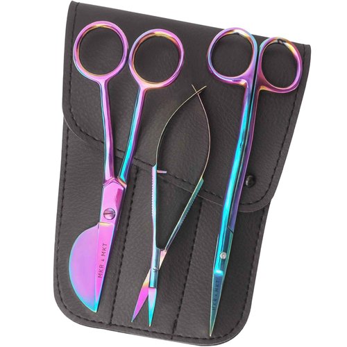 MAKER AND MARKET Premium Embroidery Scissors Set of 3 Kit - Double Bent Offset Duckbill, Spring Action Curved Blade and Double Bend Long Applique Needlepoint with Pouch Sleeve (Rainbow)