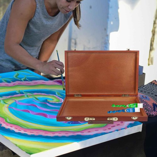 TEHAUX Art Supply Box, Portable Wooden Art Case with Locking Clasps and Handle, Handheld Artist Tool Storage Case, Wood Tool Box for Storing Paints, Stamps, Brushes, 14.5x10.4inch