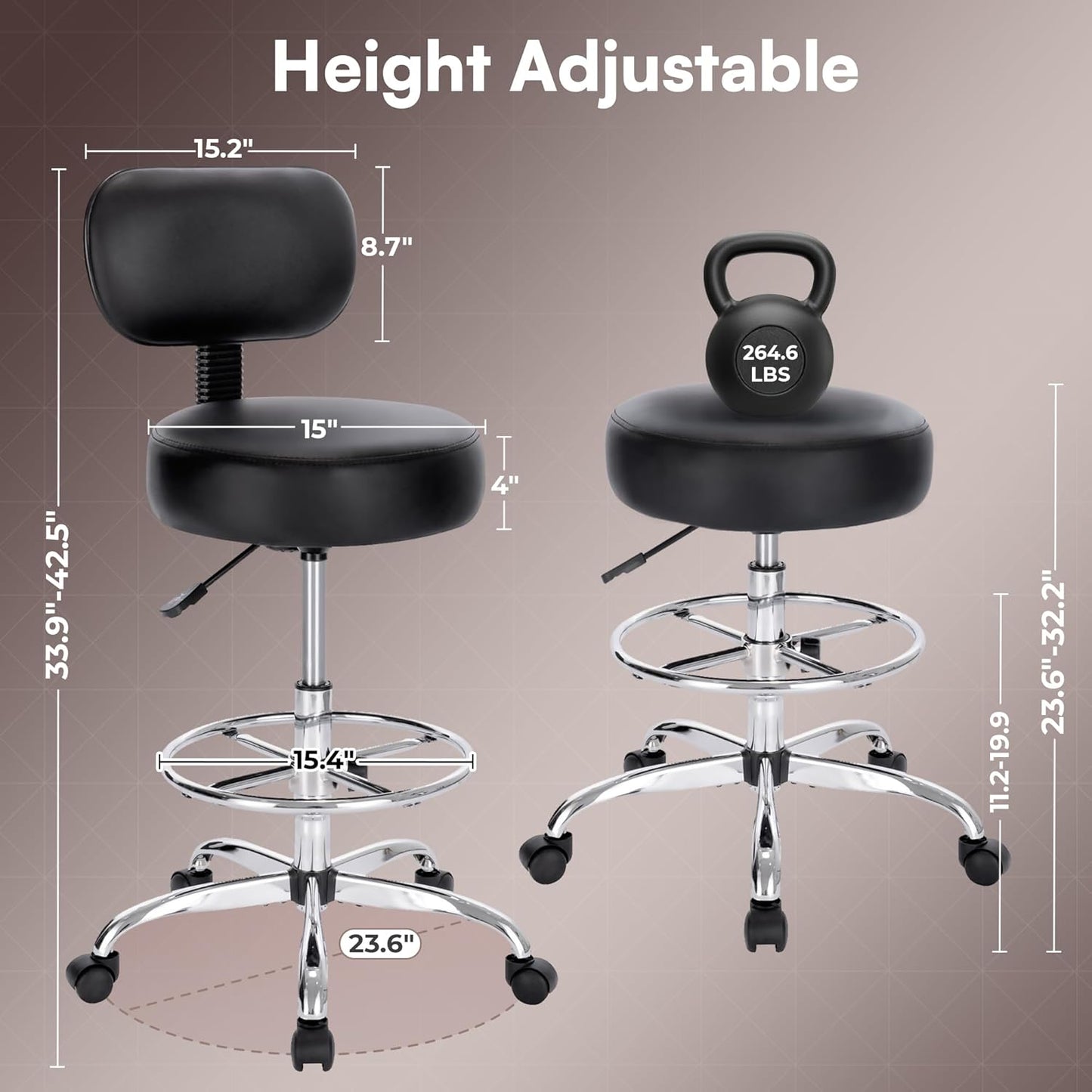 SUPERJARE Drafting Chair - Adjustable Rolling Stool with Foot Rest & Thick Cushion - Black