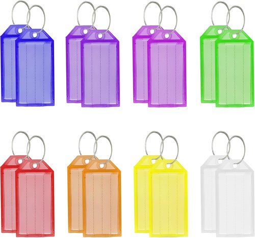 Lhocm Key Tags - 16 Pack Plastic Key Tags with Rings & Label Windows | 8 Vibrant Colors