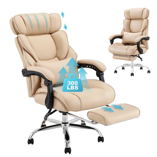 COLAMY Office Chair with Footrest, Ergonomic High Back Design Executive Computer Desk Chair with Removable Lumbar Pillow, 90-135°Reclining, Thick Bonded Leather for Home Office Work Comfort, Khaki