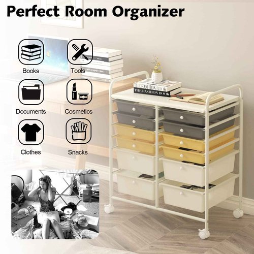 Giantex 12-Drawer Rolling Storage Cart, Multipurpose Movable Organizer Cart, Utility Cart for Home, Office, School (Yellow)