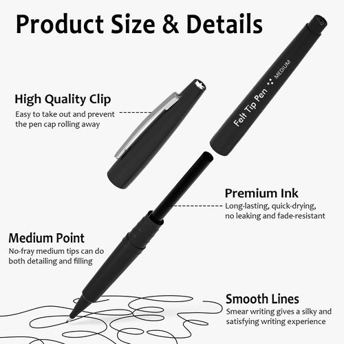 Lelix Felt Tip Pens, 60 Black Pack, 0.7mm Medium Point, Felt Tip Markers Pens for Journaling, Writing, Note Taking, Planner, Perfect for School Office and Art Supplies