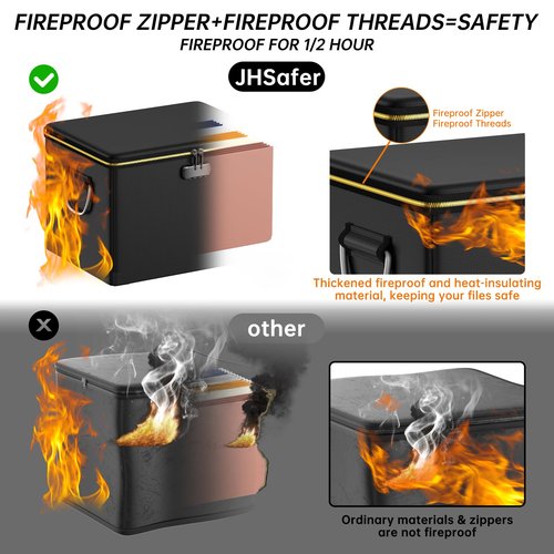 Fireproof Document Box with Fireproof Zipper,Hard Case Fireproof File Box with Lock,Insulated Non-Foldable Fireproof File Cabinet Large Portable Home Office File Organizer for Hanging Letter Folders
