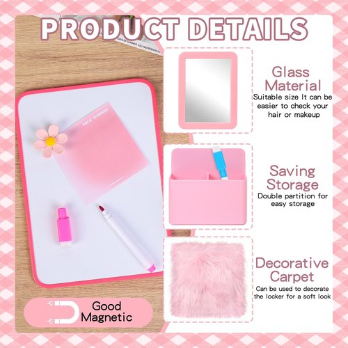 Skiennix 18 PCS Pink Locker Accessories Kit - Stylish Decor for Girls | Includes Whiteboard, Mirror, and Lights