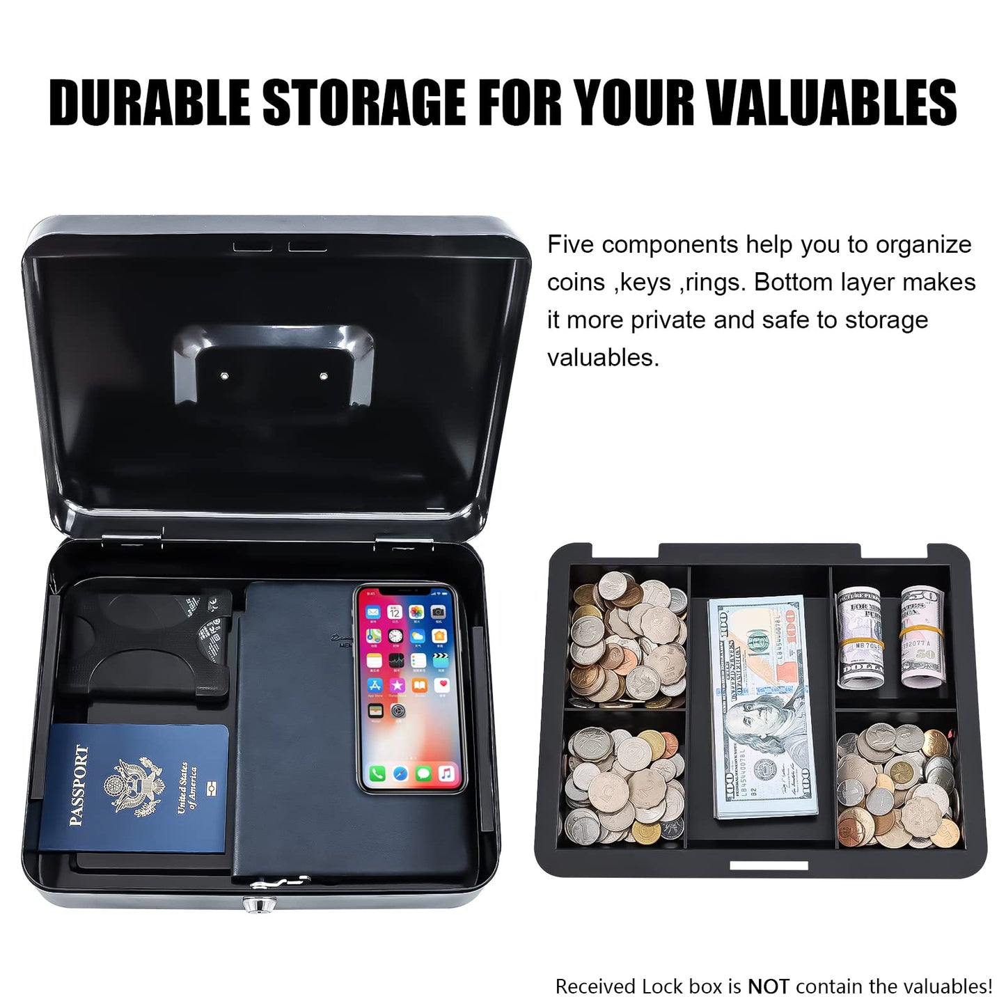 KYODOLED Metal Cash Box with Money Tray and Lock,Money Box with Cash Tray,Cash Drawer,11.81"x 9.45"x 3.54" Black X Large