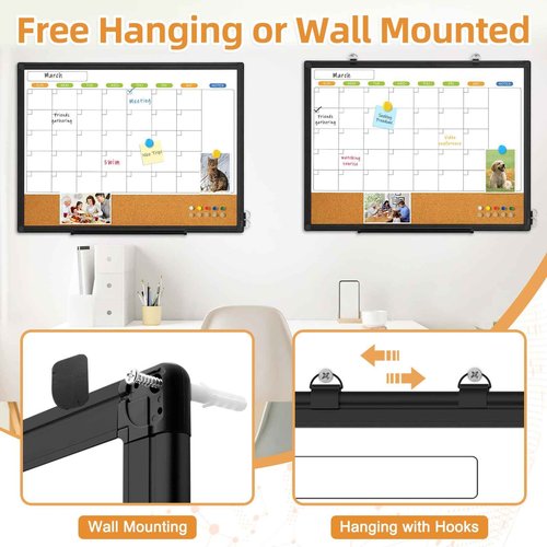 Dry Erase Calendar Whiteboard for Wall, WALGLASS 36" x 24" Double-Sided Monthly Calendar White Board Cork Combo, Black Aluminum Frame Hanging Wall Mounted Bulletin Corkboards for Home, Office, School