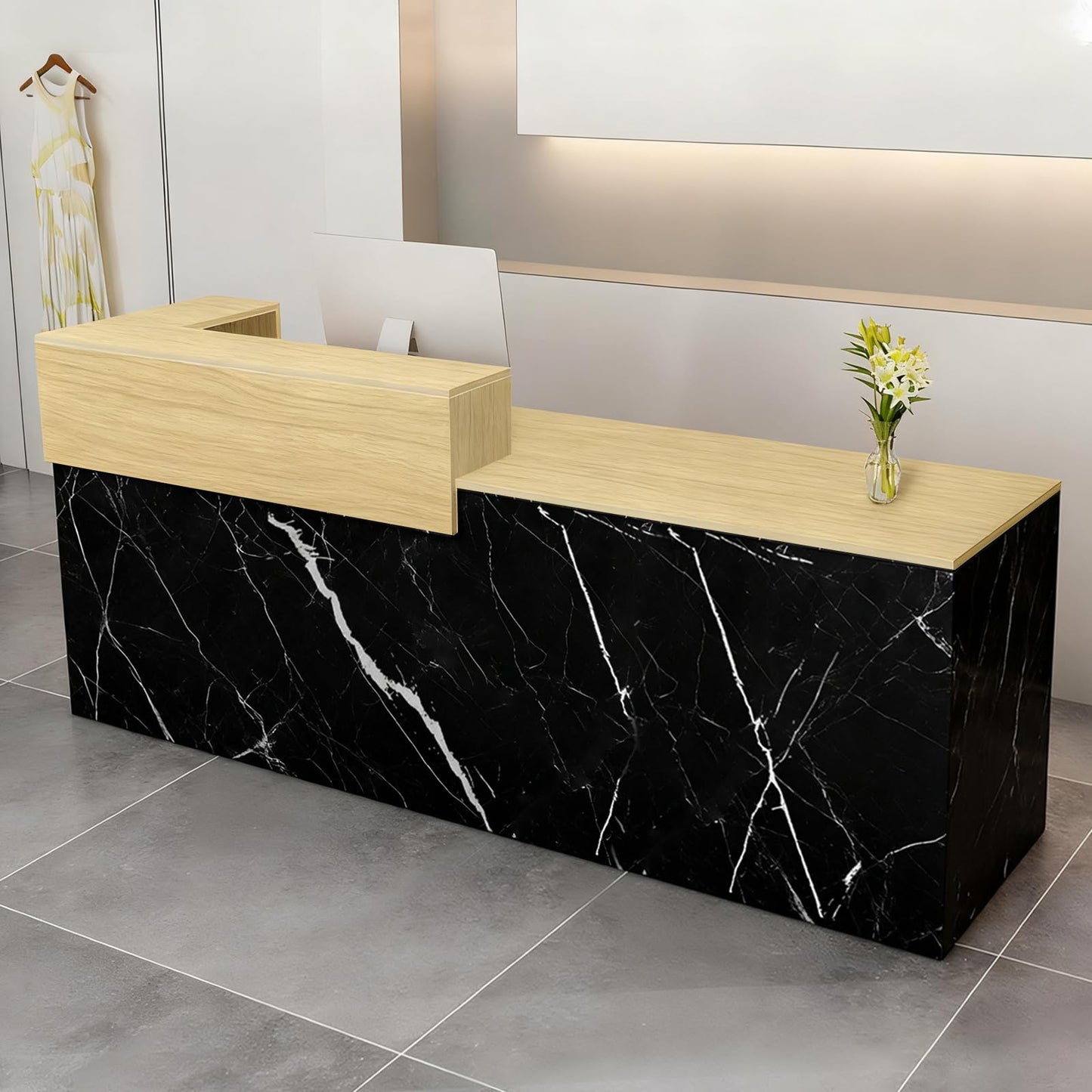 Modern Reception Desk with Drawer & Open Shelves, 39-95 Inch Front Counter Table, Computer Workstation Suitable for Salons, Offices, Lobbies, Retail Stores and Home Offices