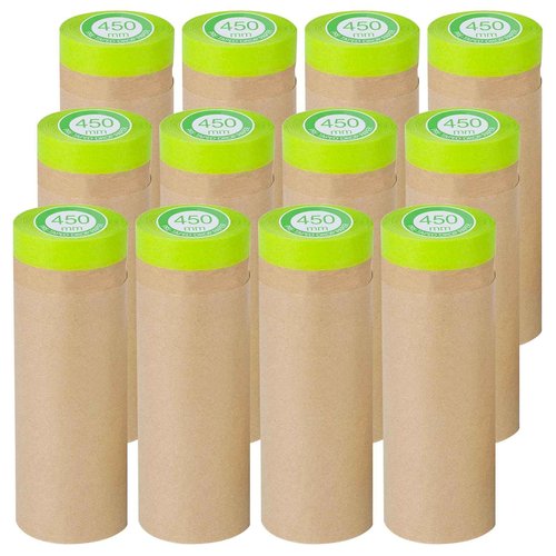 Pre-Taped Masking Paper for Painting - 18 inch x 50 feet Tape and Drape Painters Paper, Paint Adhesive Protective Paper Roll for Covering Skirting, Frames, Cars and Auto Body (12 Rolls)