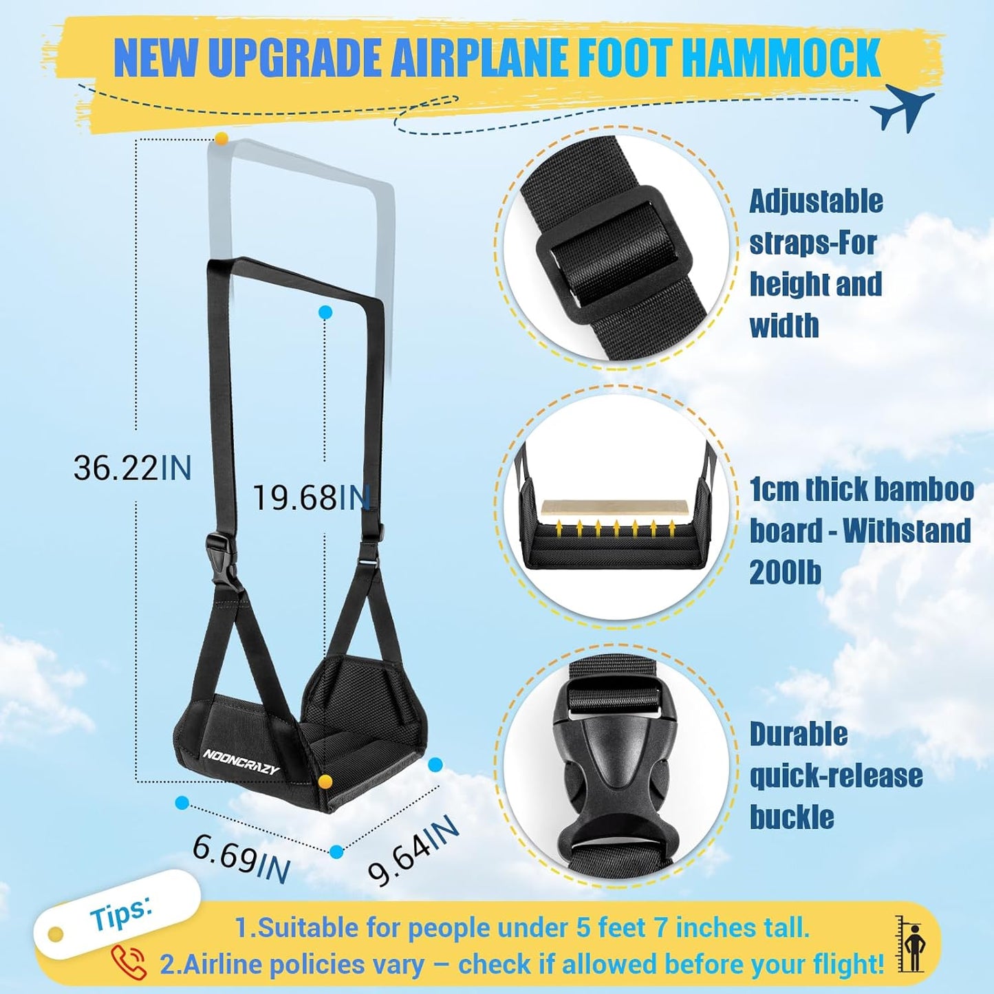 Skiennix Airplane Foot Hammock - No Collapse Foot Rest for Travel | Adjustable Strap & Foam Comfort (Black, 2PC)