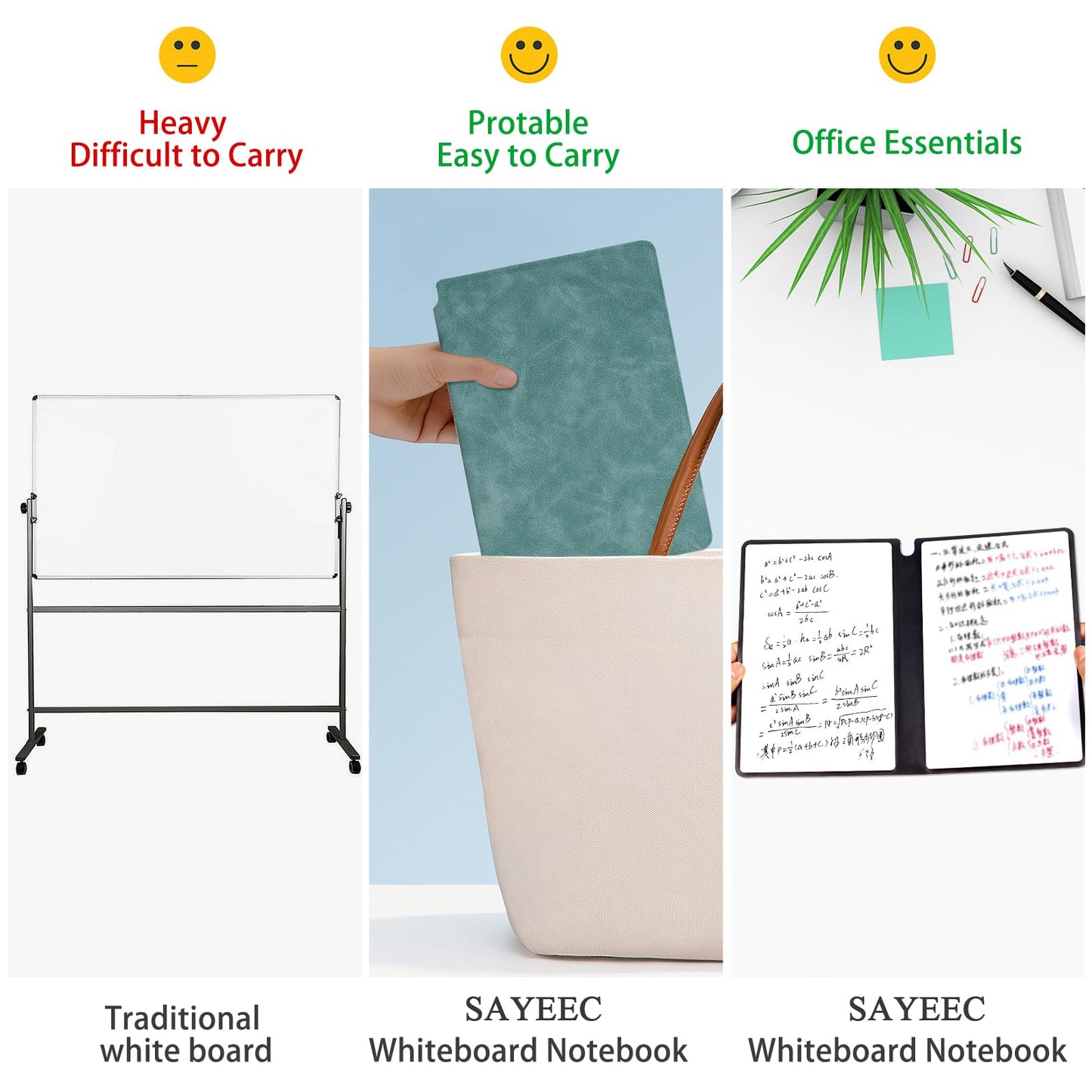 SAYEEC Whiteboard Notebook, Portable Dry Erase Board Fineliner Pens, PU Cover Erasable Handheld White Board Reusable Drawing Notebook Easel Pad for Meeting Business Office School (Blue)