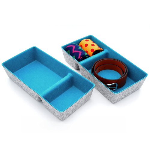 Welaxy Desk Drawer Organizer trays 2 Compartments Office Organizers Bins Felt storage bin for Junk pens notes socks scarf belts dividers Multi-Purpose Storage 2 pieces pack (Turquoise x 2)
