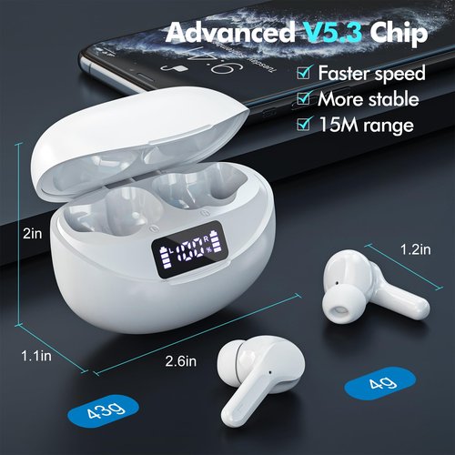 Beniduck Wireless Earbuds, Bluetooth Headphones 5.3 HiFi Stereo, Wireless Earphones with ENC Noise Cancelling Mic, LED Digital Display in Ear Buds