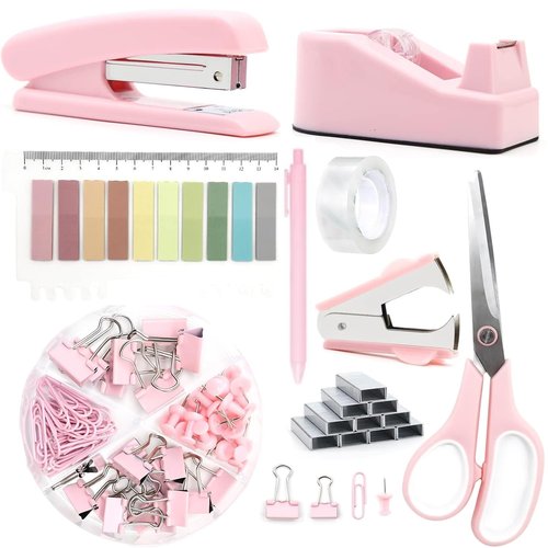 Office Supplies Set,Desk Accessories,Stapler and Tape Dispenser Set,1000 Staples,Staple Remover,Hinder Clips,Scissor,Index Tabs,Clear Tape,Ballpoint Pen,Gifts for Colleagues(Pink)