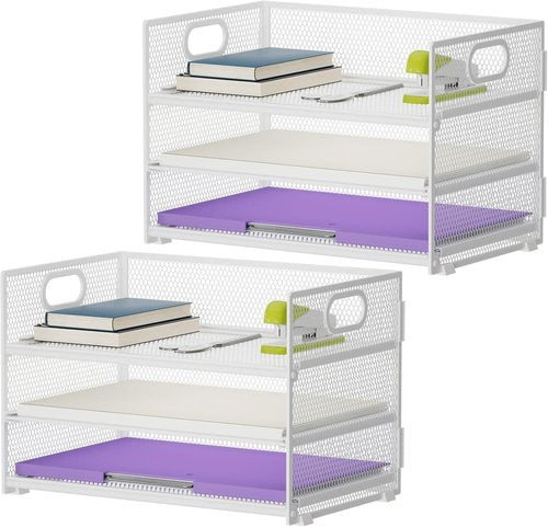 Marbrasse 3-Tier Paper Organizer | Mesh File Tray with Handle for Home Office - Pink, 2-Pack