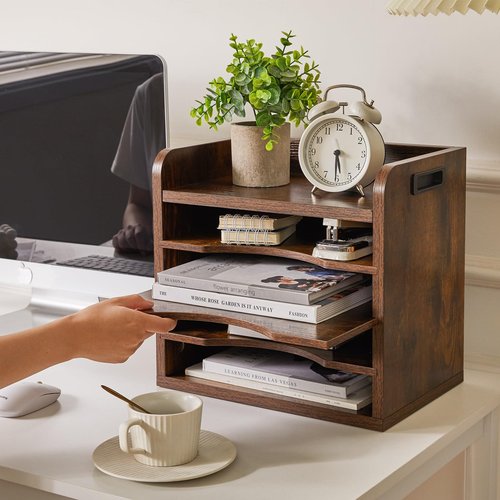 YMYNY Desktop File Organizer with Handle, Document Letter Mail Tray Sorter with 3 Adjustable Shelves, 5 Tiers Paper Holder for School Home Office Desk, Rustic Brown,13.4 * 12.4 * 9.06" UHBC006H