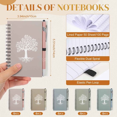 Trandraft 20 Pack Christian Gifts Bulk Religious Spiral Notebook Tree of Life Journal and Pen Set Small Pocket Notebook with Pen Writing Journal A6 Lined for Women Men Church Office(Macaron Color)