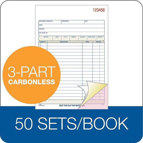Adams Sales Order Book, 3-Part, Carbonless, White/Canary/Pink, 5-9/16" x 8-7/16", Bound Wraparound Cover, 50 Sets per Book, 5 Books, 250 Sets Total (TC5805)