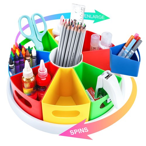 Tomkids Art Supply Organizer Classroom Organization and Storage Pen Holder Desk Organizer for Marker,Crayon,Homeschool Supplies 360° Spin Art Caddy with Removable Bins, Birthday Gift for Kids 12 Inch