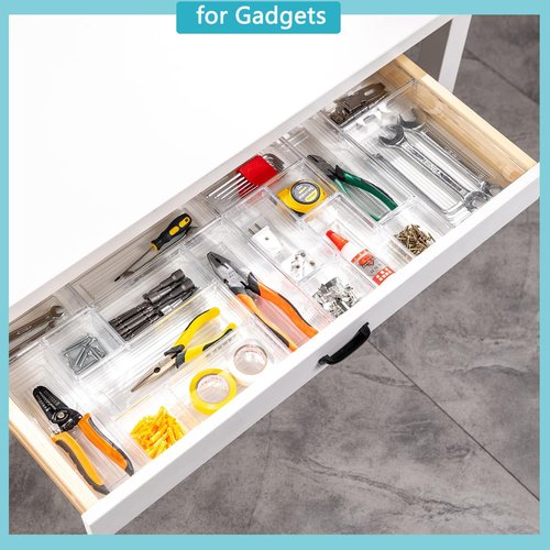 44 PCS Clear Plastic Drawer Organizers Set, 4 Size Versatile Bathroom and Vanity Organizer Trays, Cosmetic Display Cases for Makeup, Jewelries, Bedroom，Kitchen Utensils and Office